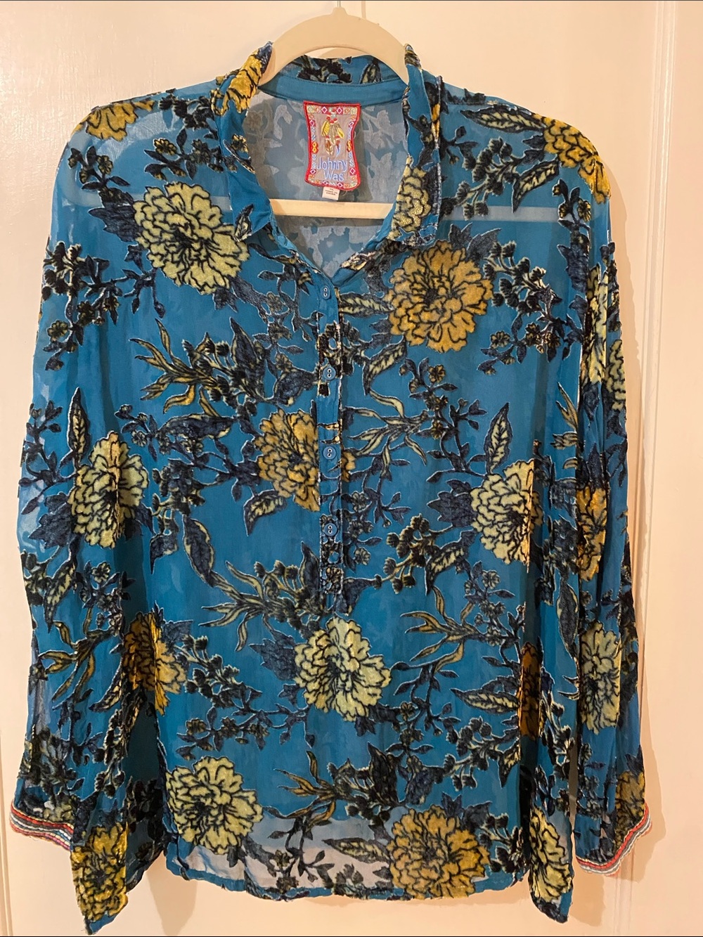 Johnny Was Teal Blue Floral Sheer Button-Up Blouse